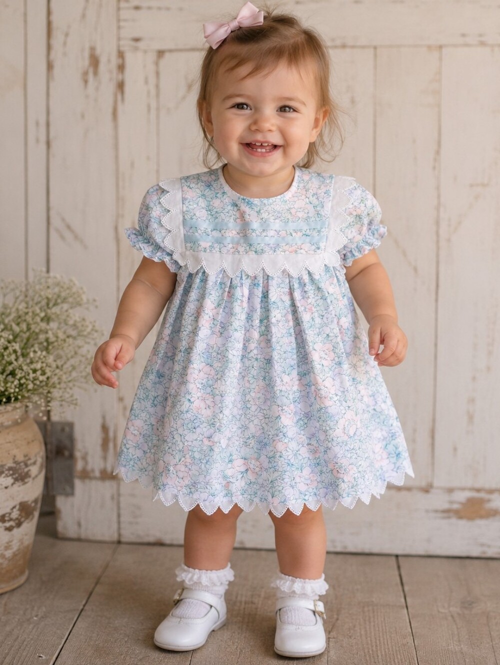 Vintage 90s Y2K Baby Girls Floral Lace-Trim Collared Prairie Cottage Core Dress